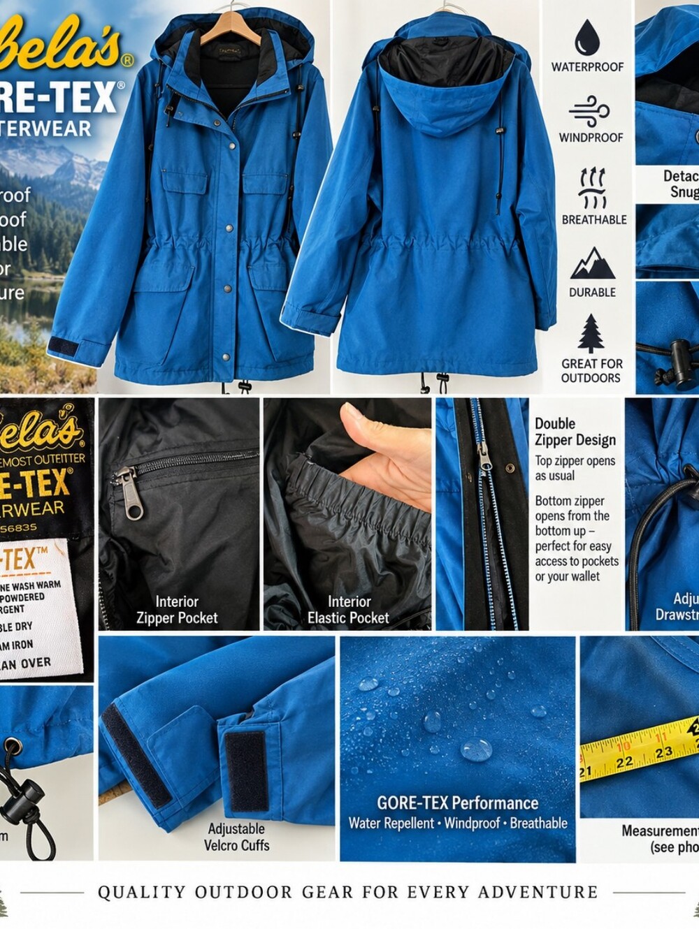 Cabela’s GORE-TEX Blue Hooded Jacket Waterproof Outdoor Coat Two Way Zip Sz Lg
